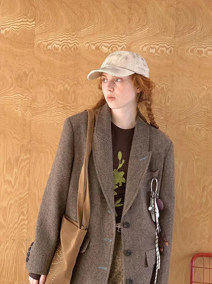 Retro Notch Lapel Contrast Buttonhole Wool Blend Blazer