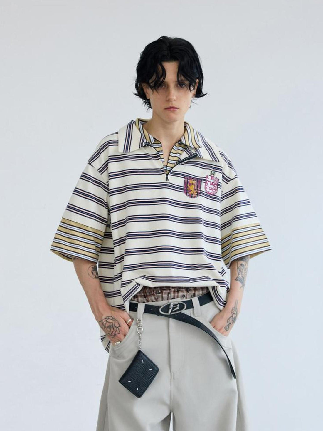 Peoplesense Retro Nylon Zip Polo Contrast Stripe Loose Tee