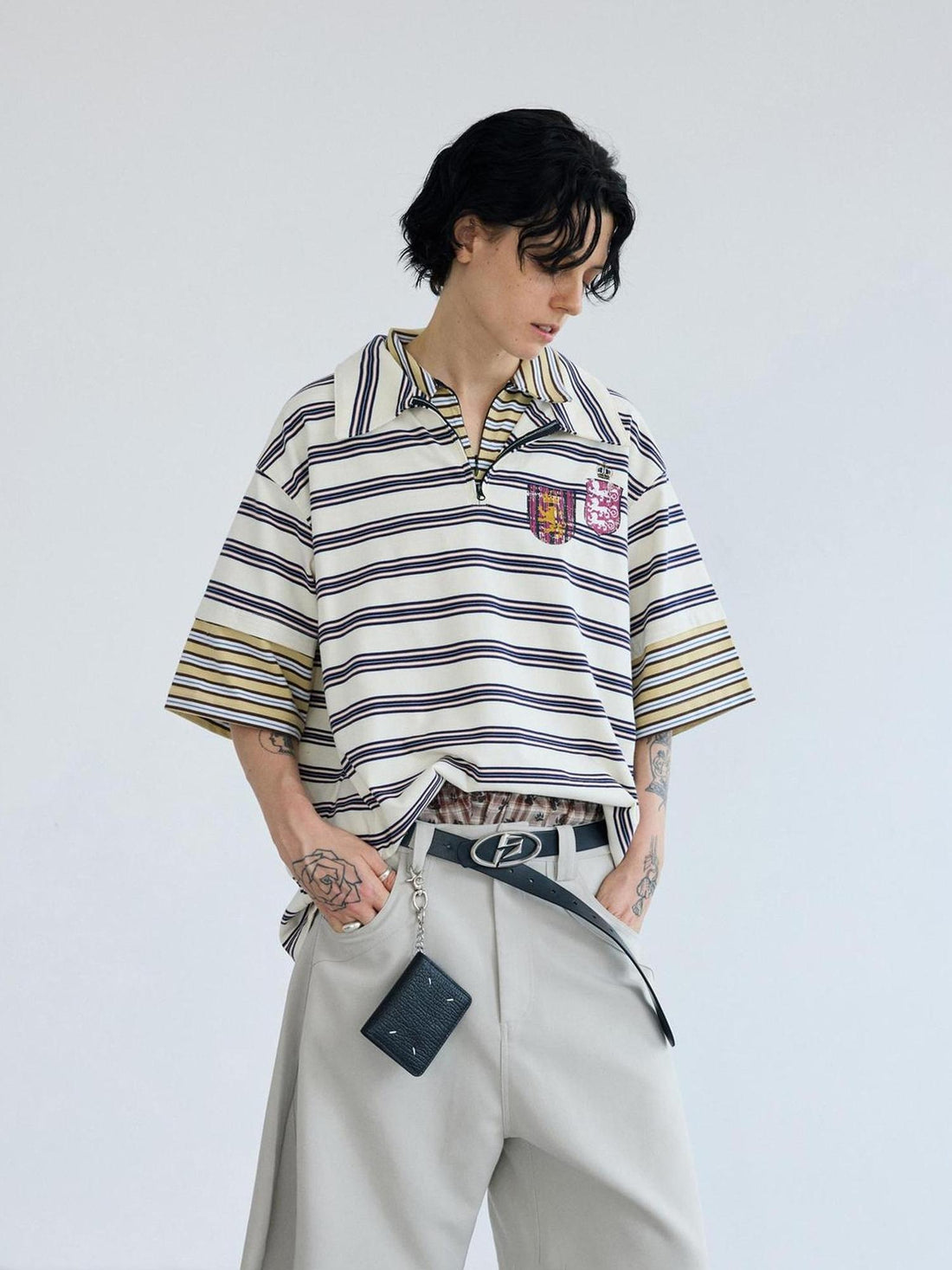Peoplesense Retro Nylon Zip Polo Contrast Stripe Loose Tee