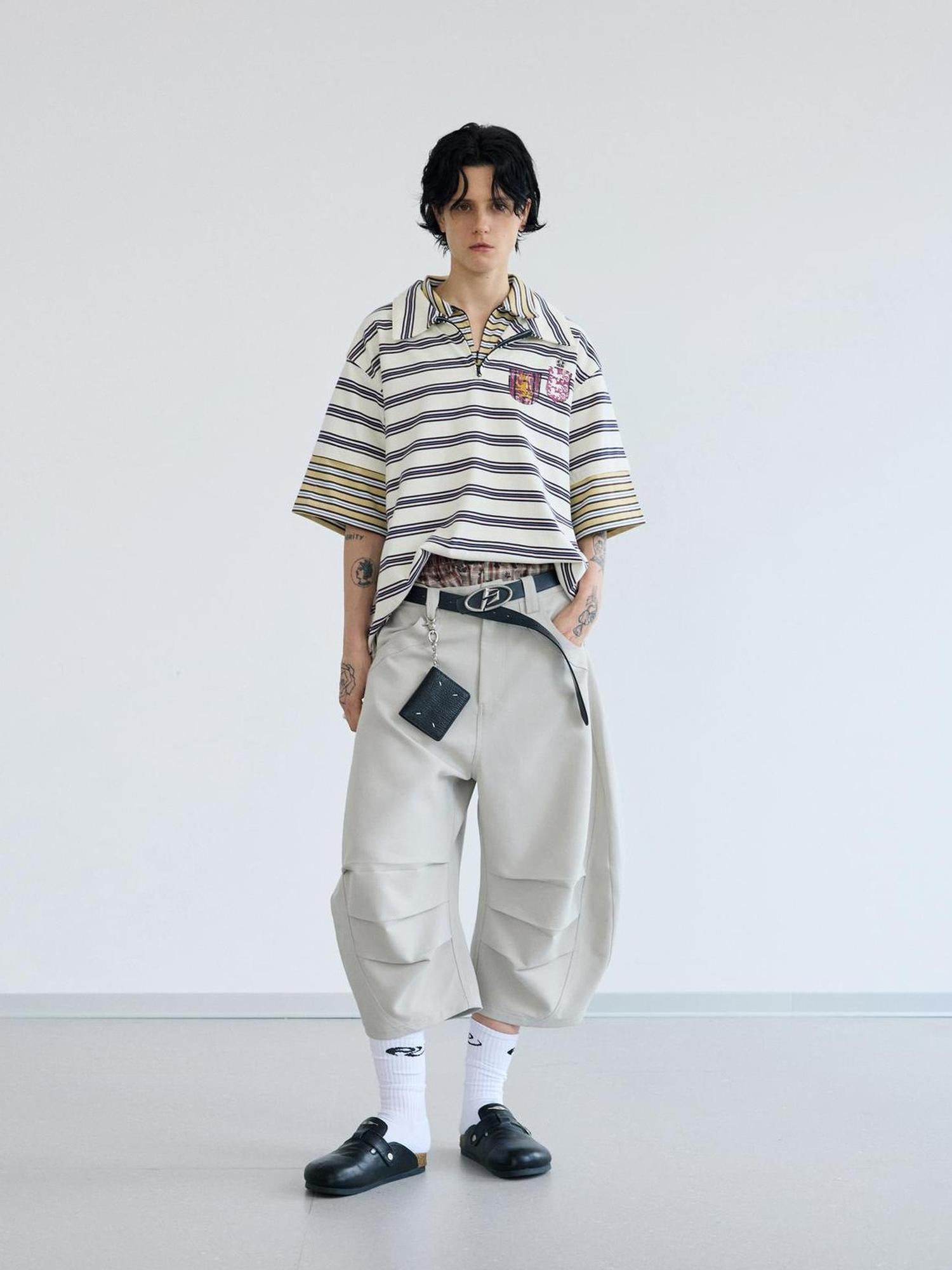 Peoplesense Retro Nylon Zip Polo Contrast Stripe Loose Tee