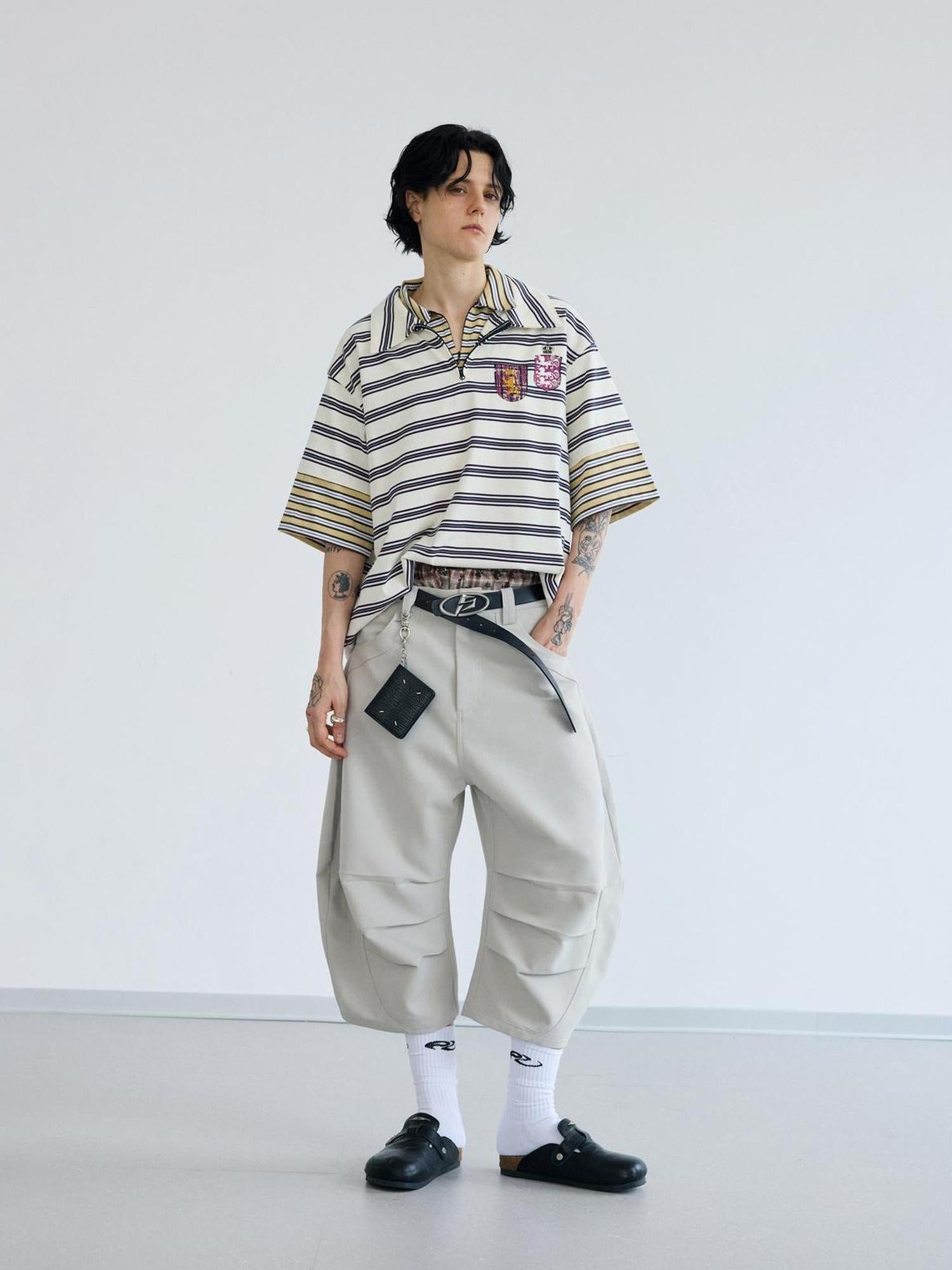 Peoplesense Retro Nylon Zip Polo Contrast Stripe Loose Tee
