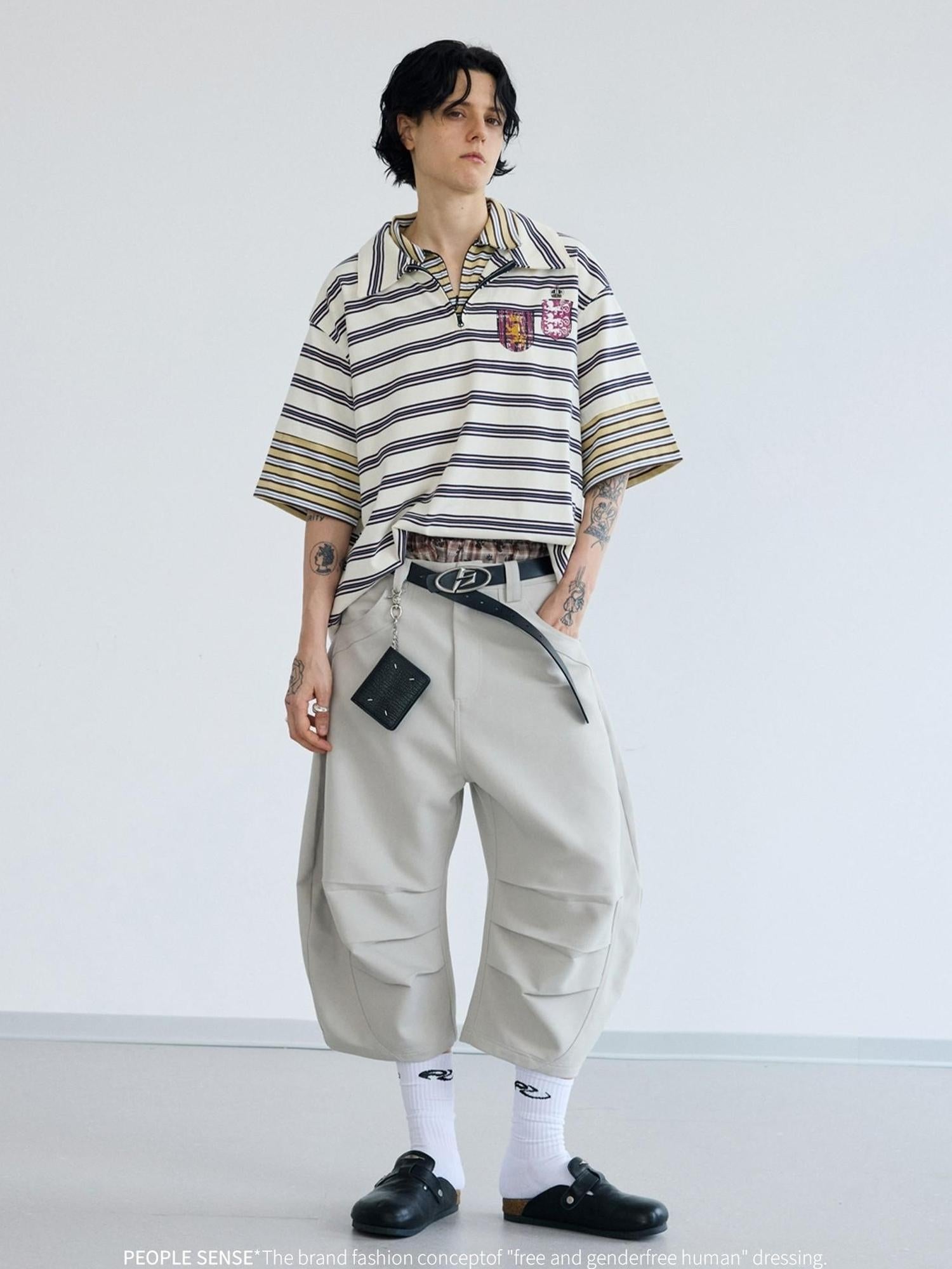 Peoplesense Retro Nylon Zip Polo Contrast Stripe Loose Tee