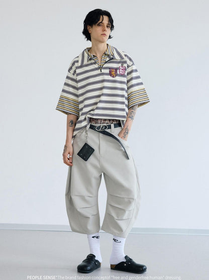 Peoplesense Retro Nylon Zip Polo Contrast Stripe Loose Tee