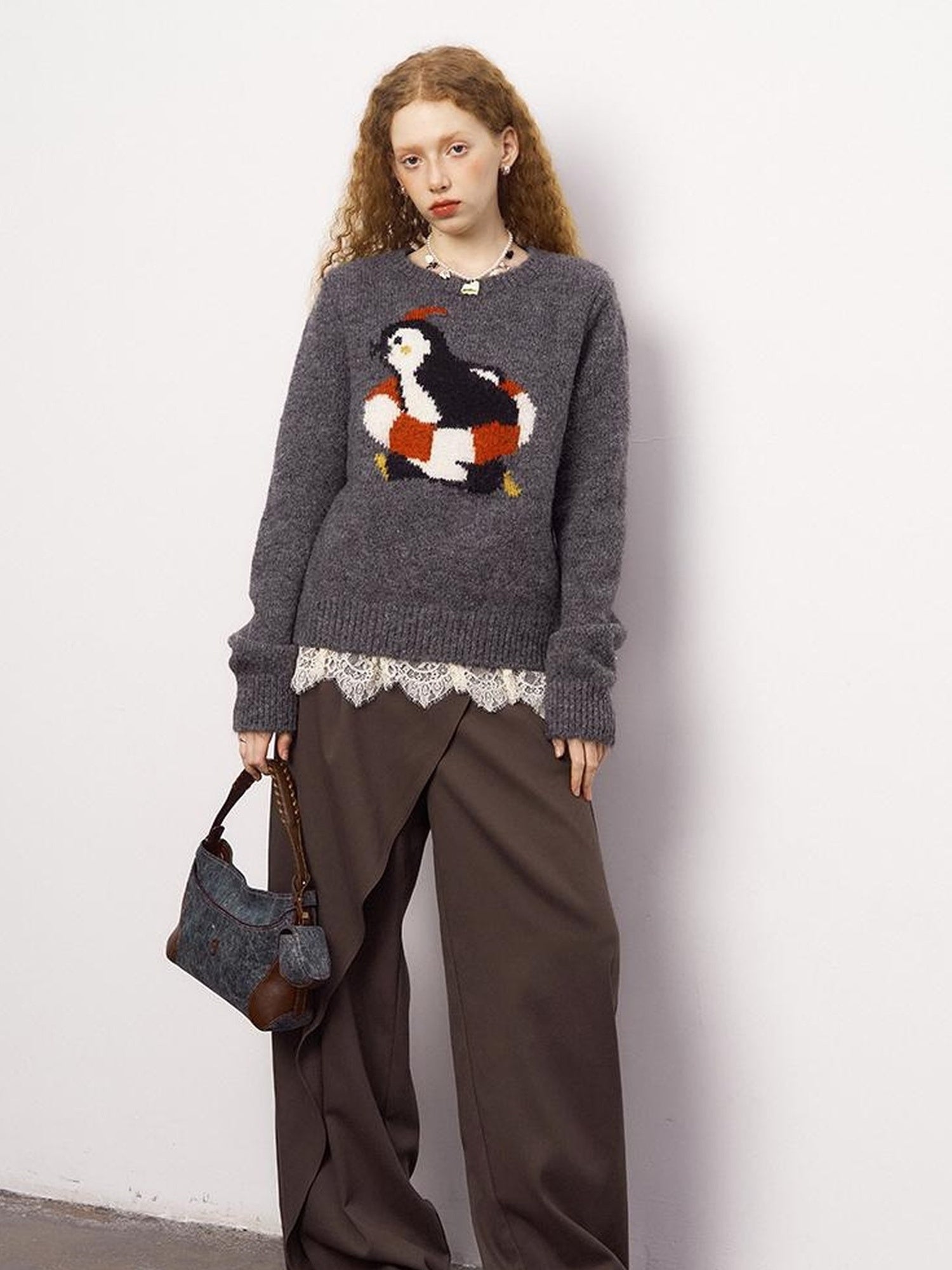 DIDDI MODA Retro Penguin Fair Isle Wool Sweater
