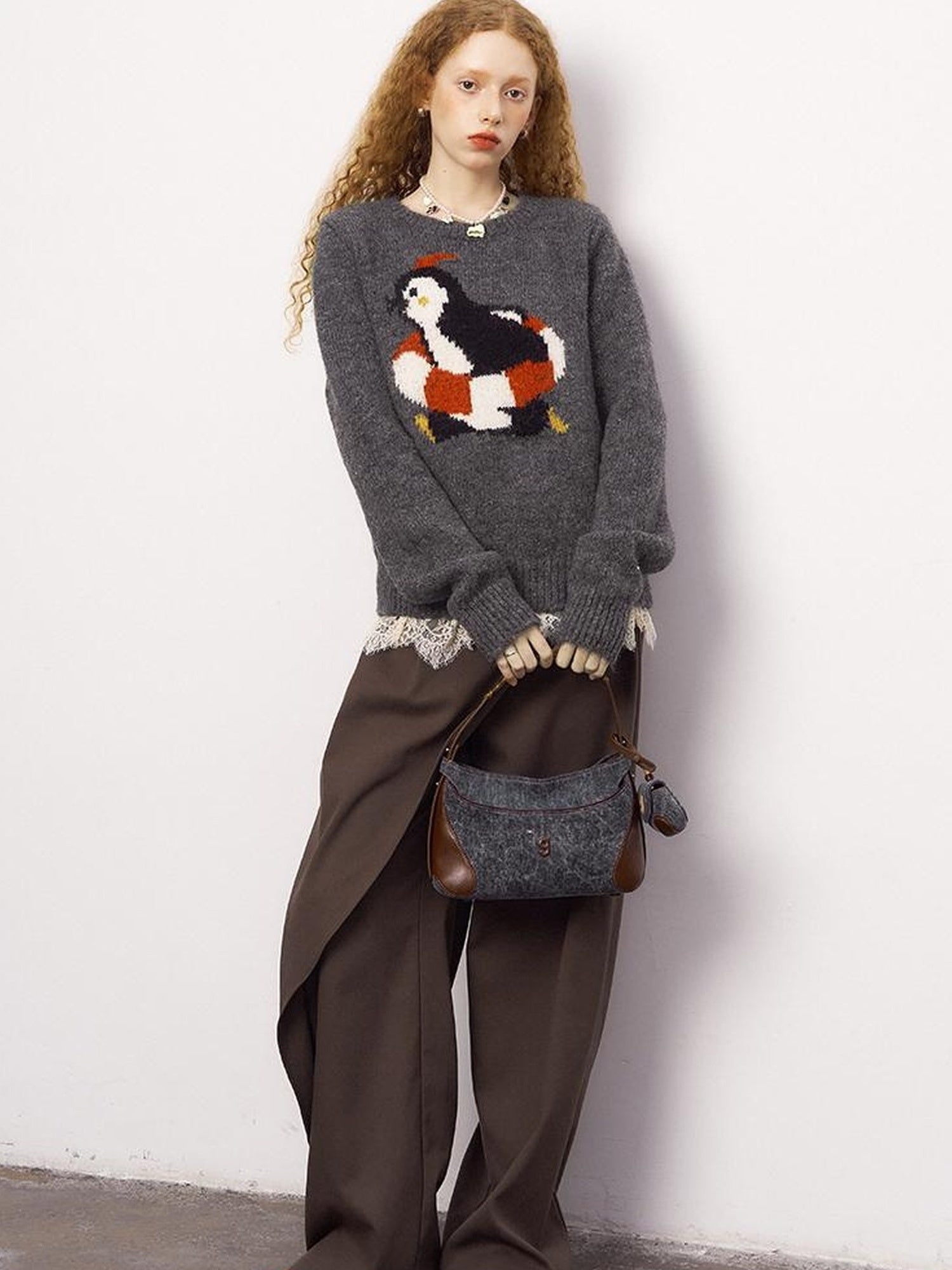 DIDDI MODA Retro Penguin Fair Isle Wool Sweater