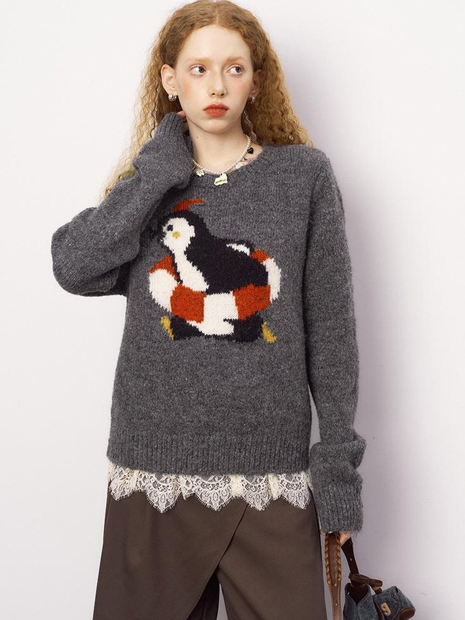 DIDDI MODA Retro Penguin Fair Isle Wool Sweater