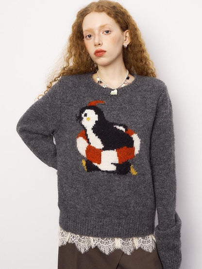 DIDDI MODA Retro Penguin Fair Isle Wool Sweater