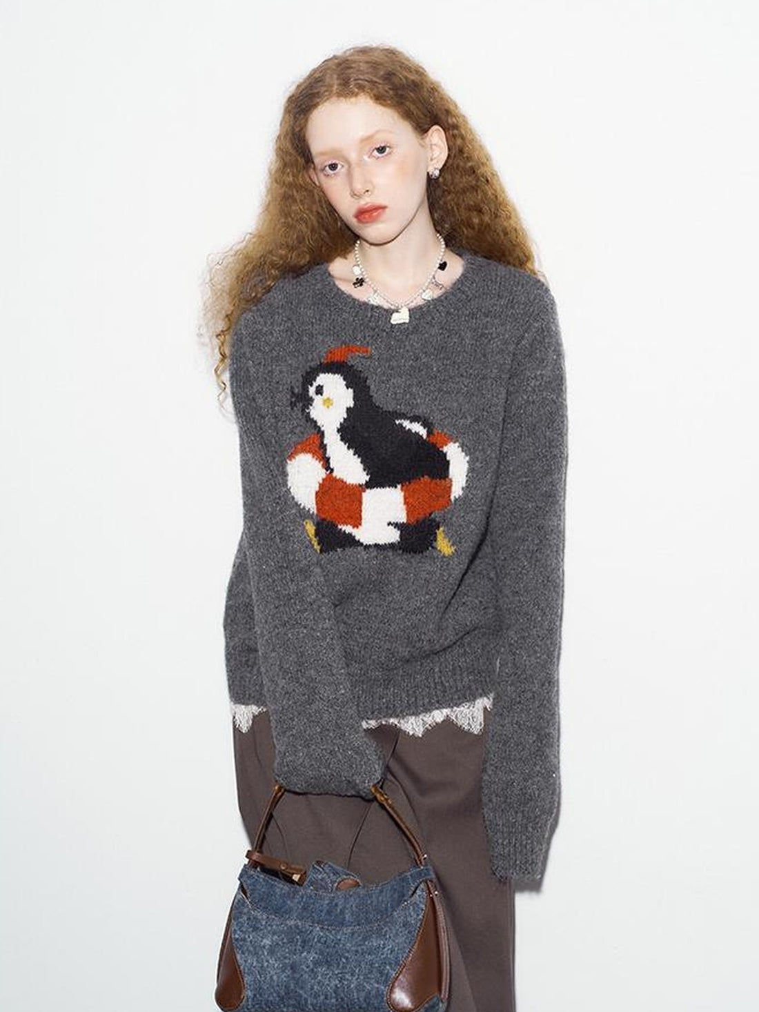 DIDDI MODA Retro Penguin Fair Isle Wool Sweater