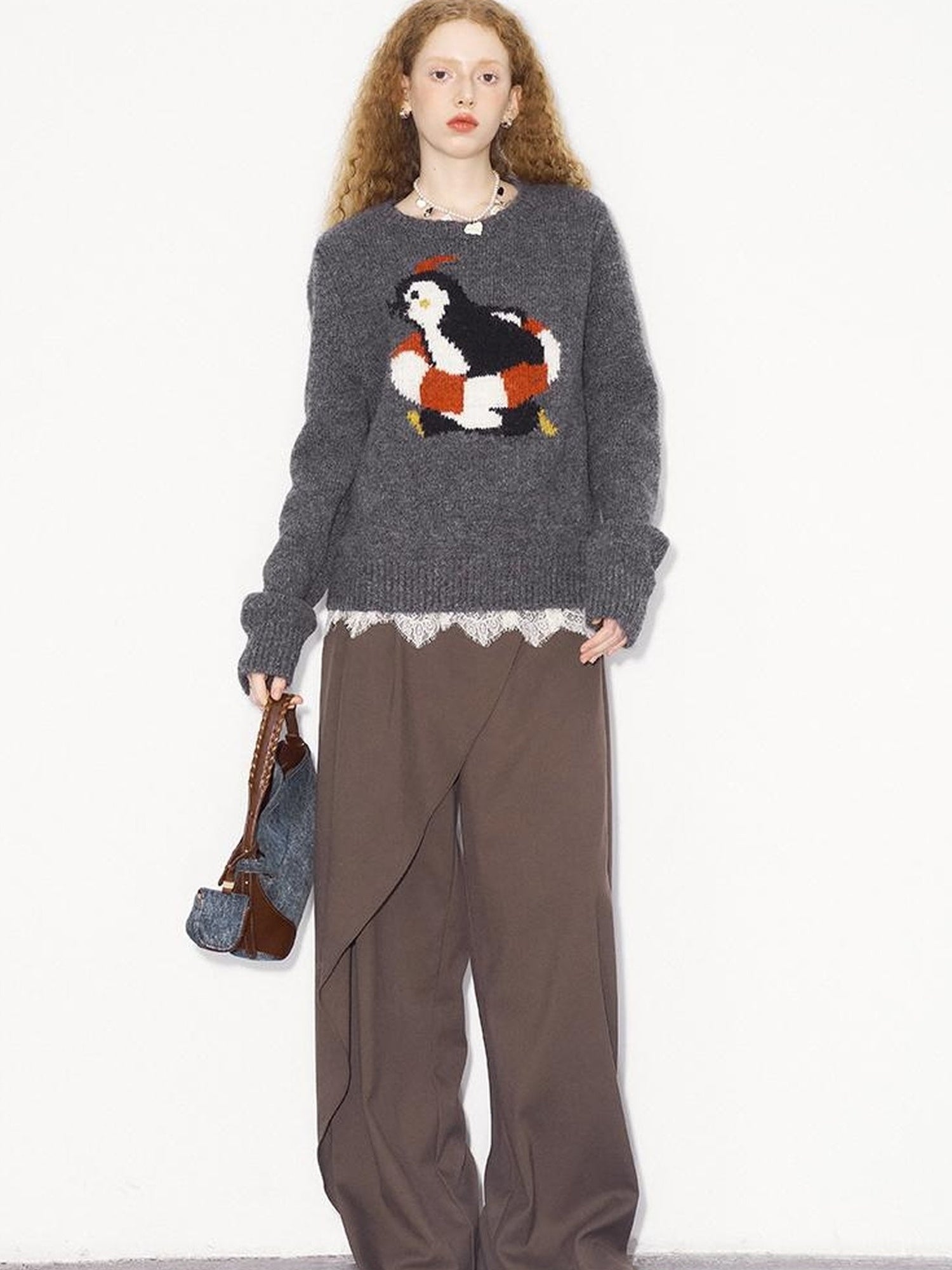 DIDDI MODA Retro Penguin Fair Isle Wool Sweater