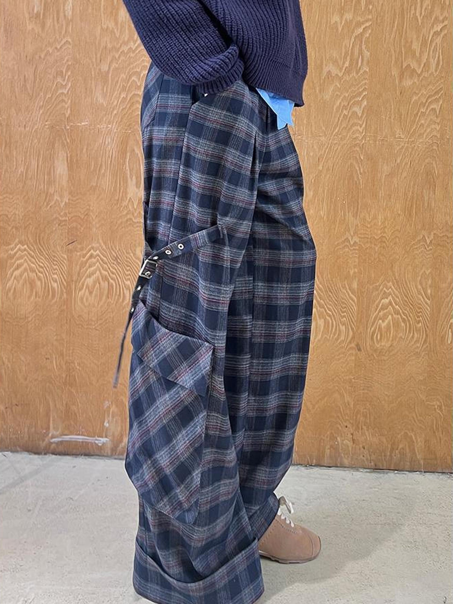 DIDDI MODA Retro Plaid Cargo Pants For Women Relaxed Fit Stylish Design