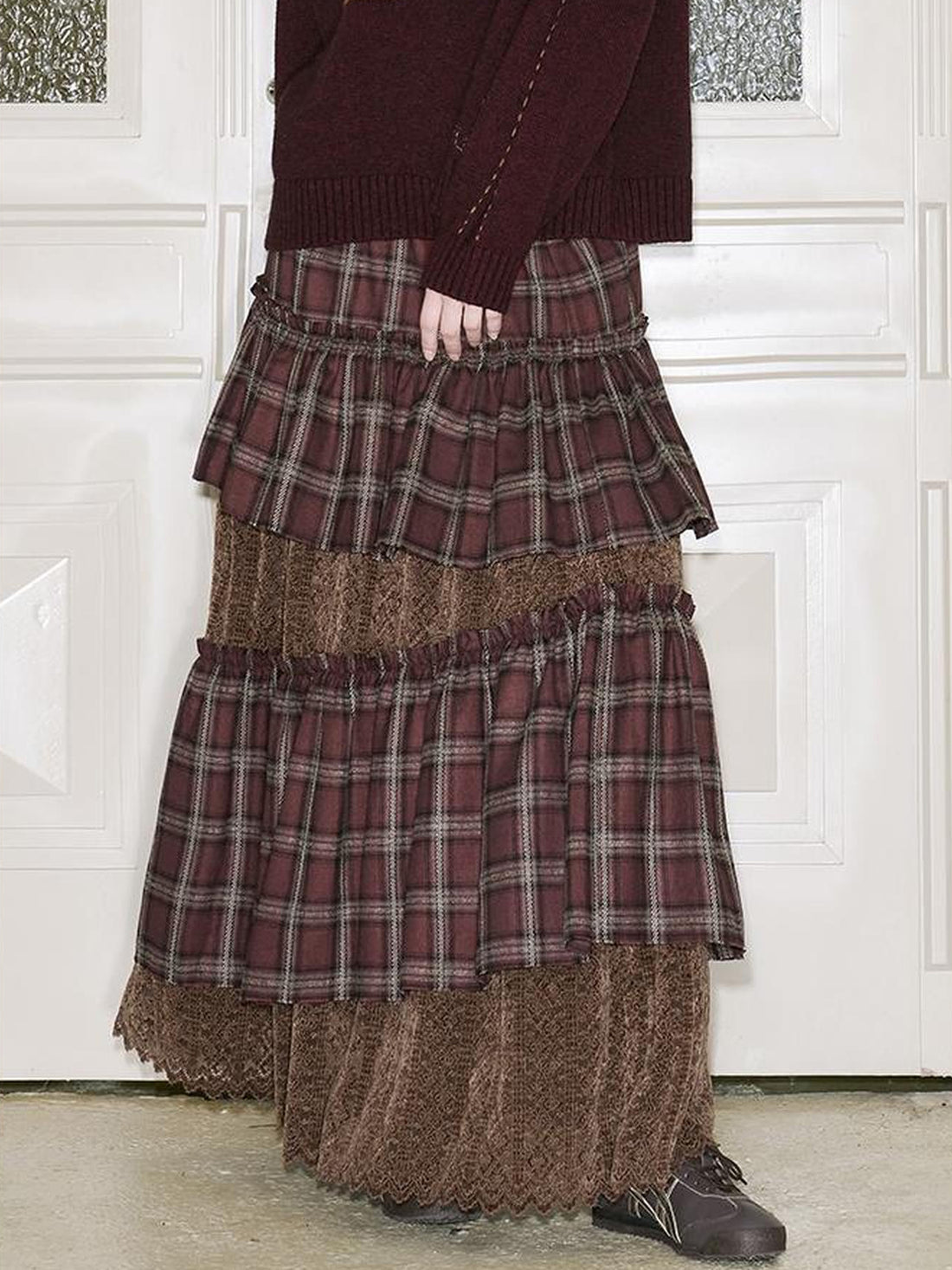 DIDDI MODA Retro Plaid Lace Tiered Ruffle Skirt