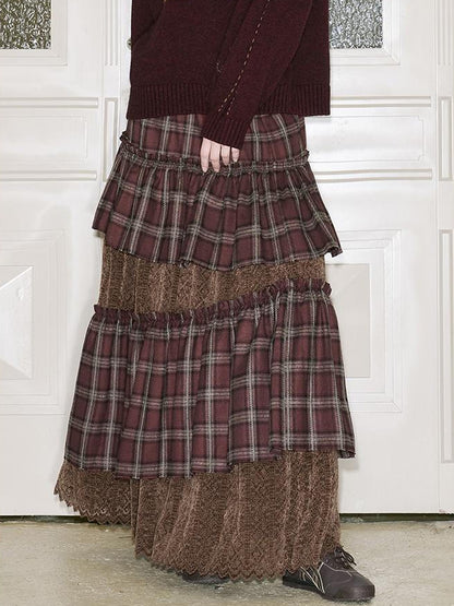 DIDDI MODA Retro Plaid Lace Tiered Ruffle Skirt