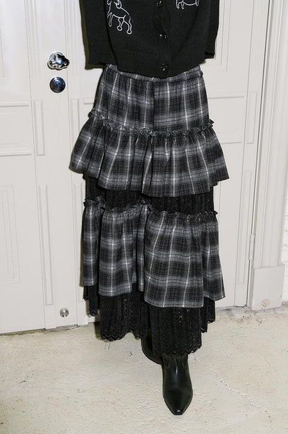 DIDDI MODA Retro Plaid Lace Tiered Ruffle Skirt