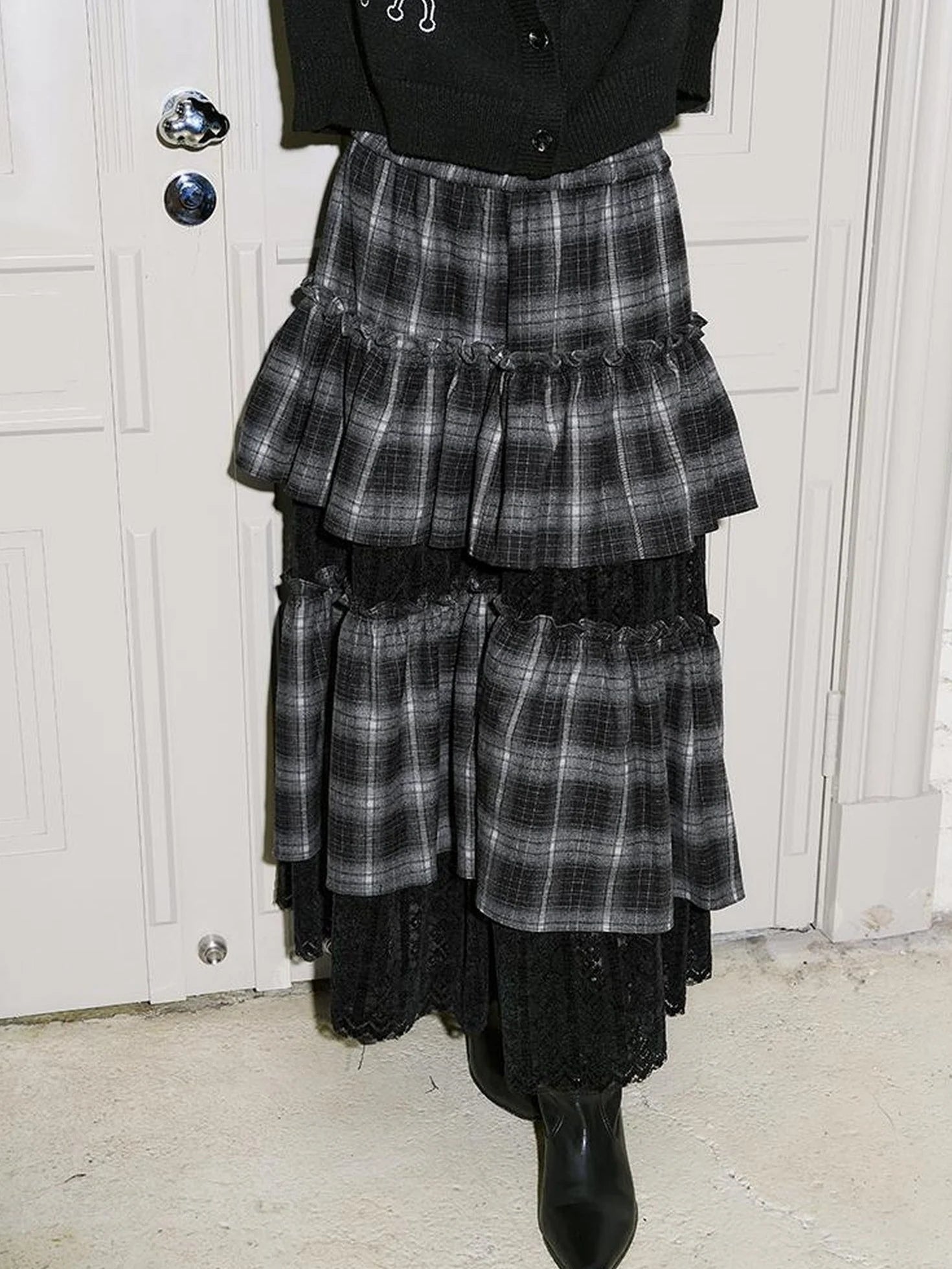 Retro Plaid Lace Tiered Ruffle Skirt