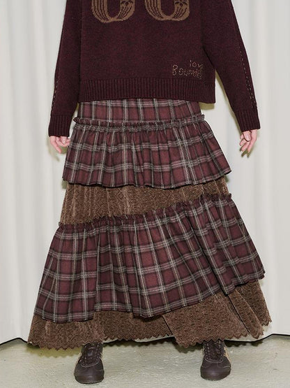 DIDDI MODA Retro Plaid Lace Tiered Ruffle Skirt