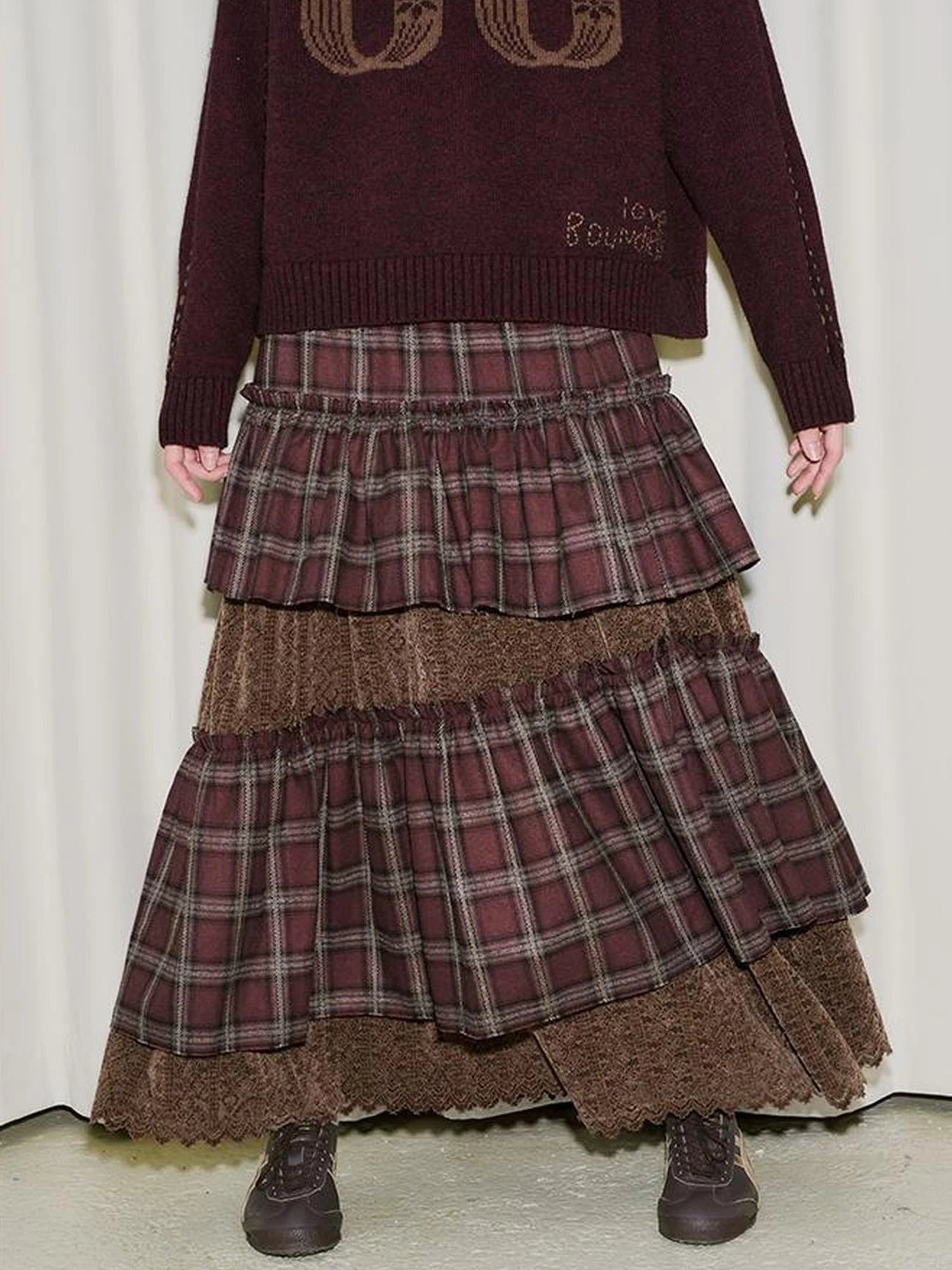 Retro Plaid Lace Tiered Ruffle Skirt