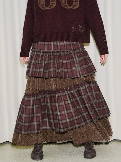Retro Plaid Lace Tiered Ruffle Skirt