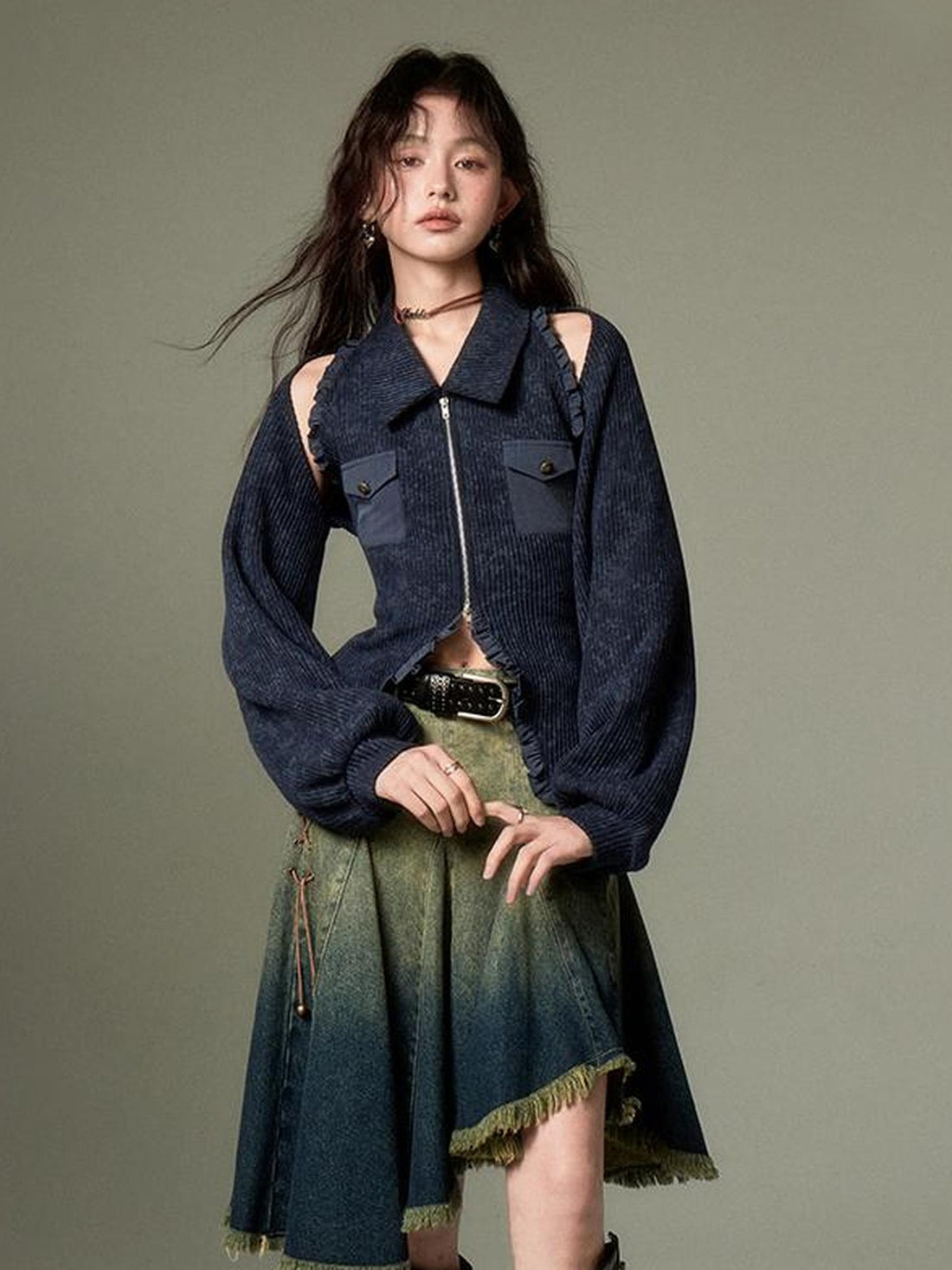 DIDDI MODA Retro Polo Knit Vest Cape Set Autumn Chic