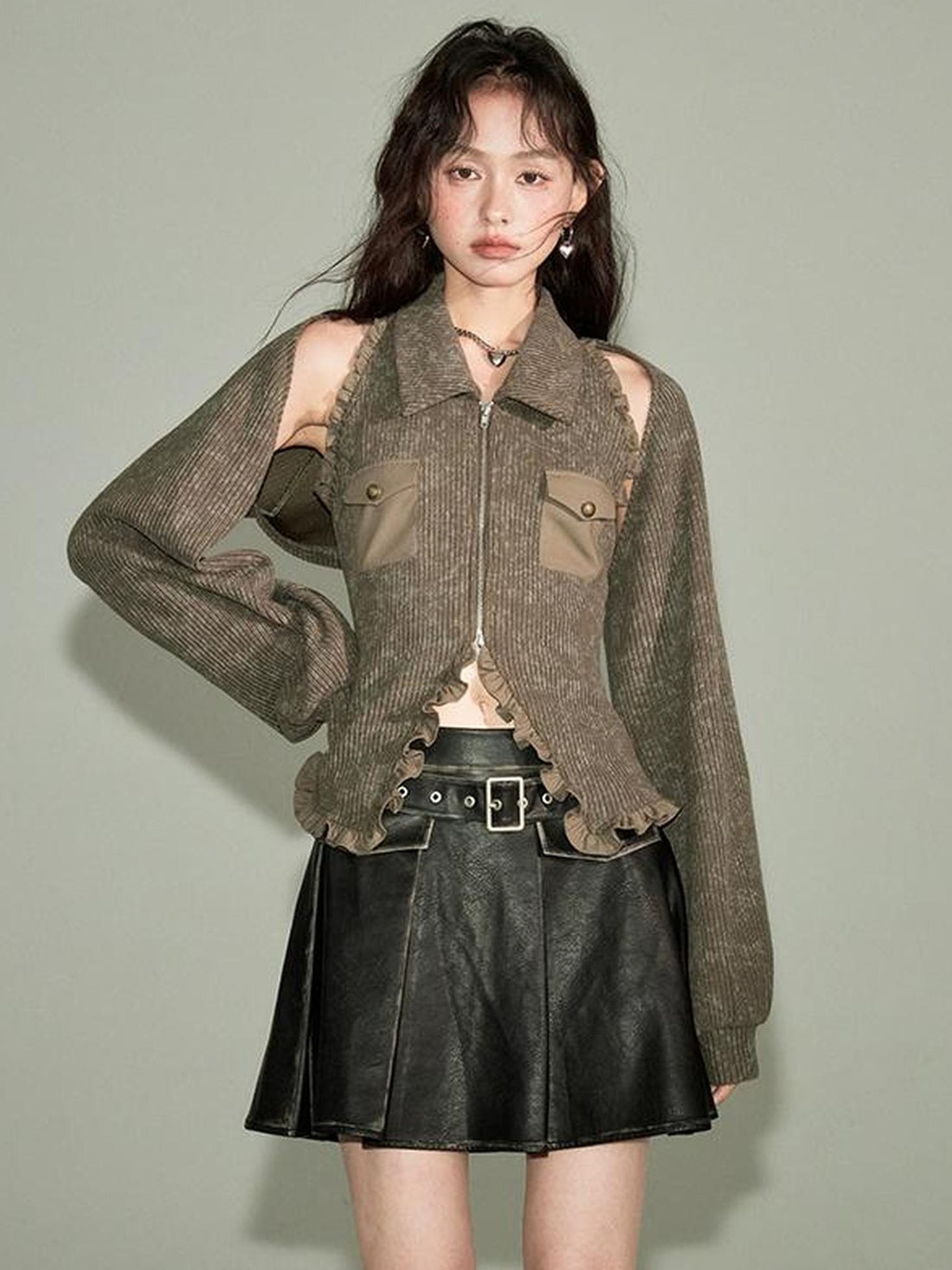 DIDDI MODA Retro Polo Knit Vest Cape Set Autumn Chic