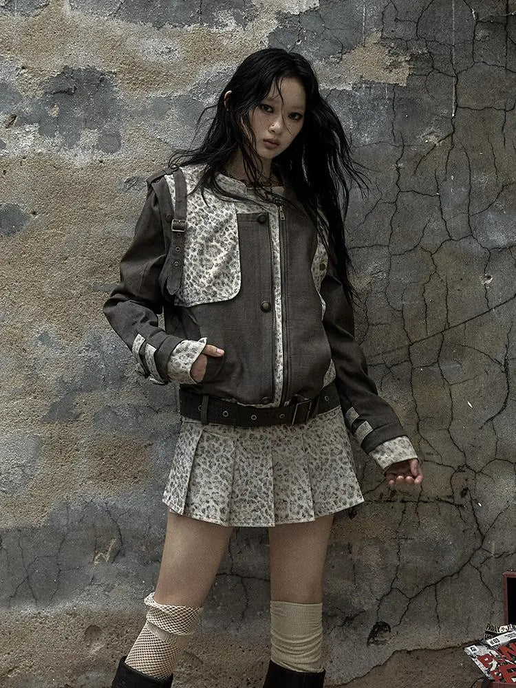 Retro Punk Detachable Vest Patchwork Leopard Jacket Coat