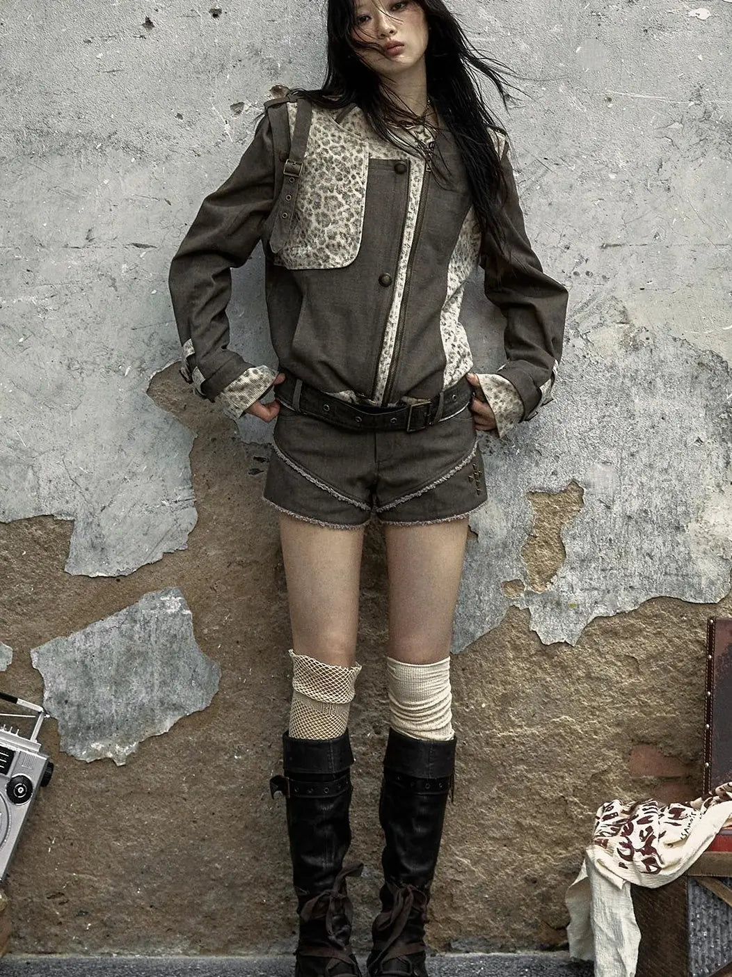 Retro Punk Detachable Vest Patchwork Leopard Jacket Coat
