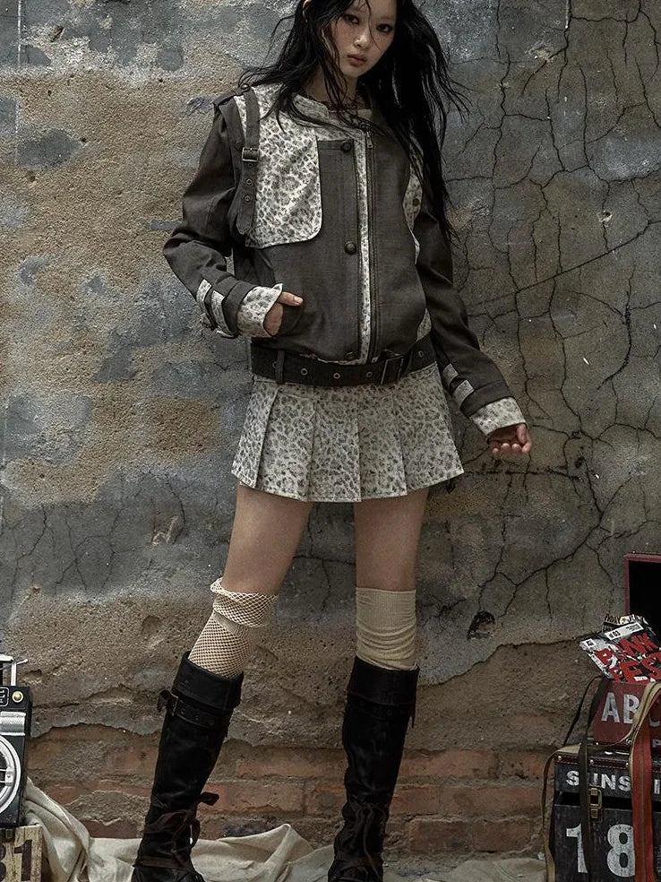 Retro Punk Detachable Vest Patchwork Leopard Jacket Coat