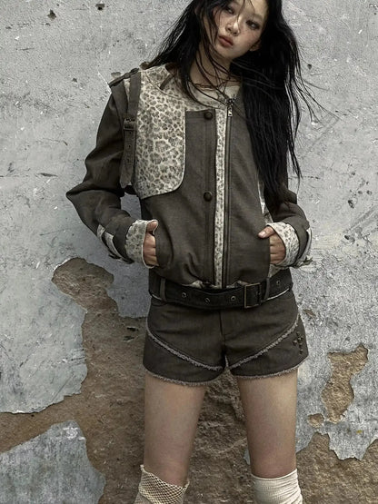 Retro Punk Detachable Vest Patchwork Leopard Jacket Coat