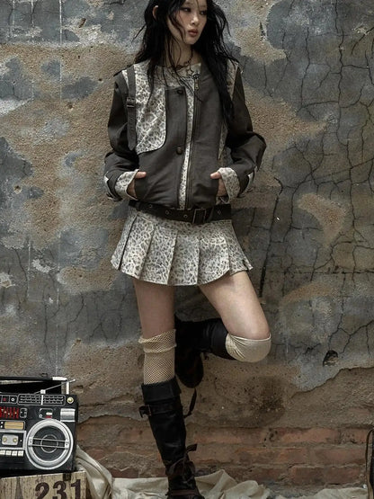 Retro Punk Detachable Vest Patchwork Leopard Jacket Coat