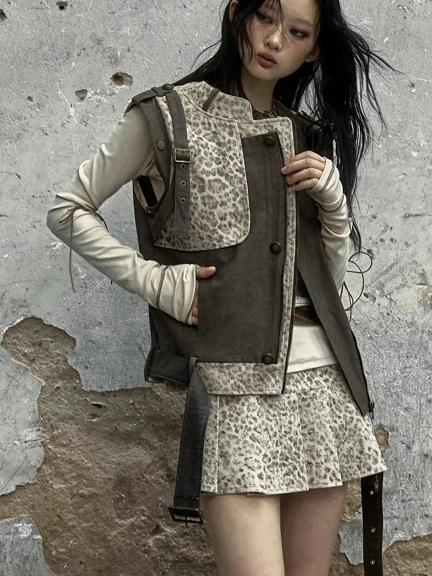 Retro Punk Detachable Vest Patchwork Leopard Jacket Coat
