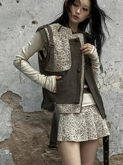 Retro Punk Detachable Vest Patchwork Leopard Jacket Coat