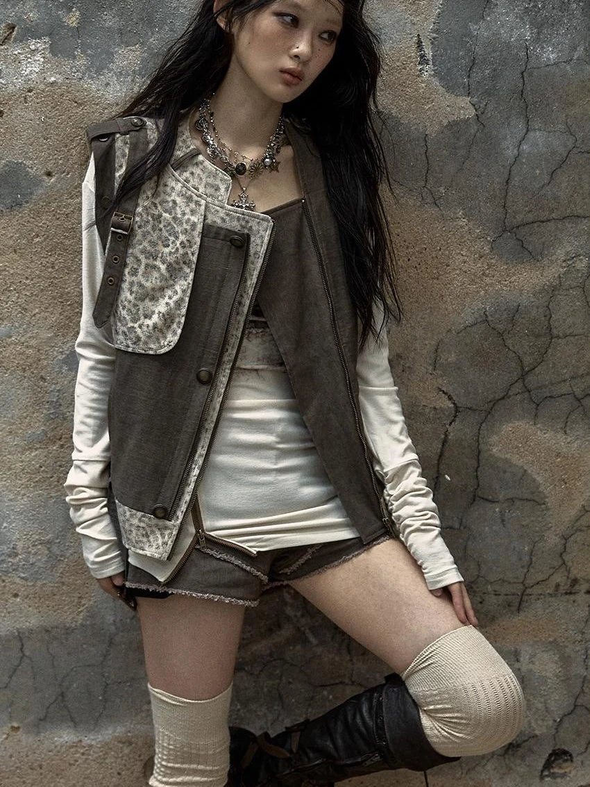 Retro Punk Detachable Vest Patchwork Leopard Jacket Coat