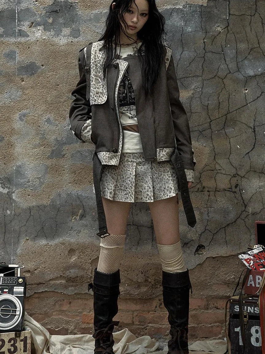Retro Punk Detachable Vest Patchwork Leopard Jacket Coat