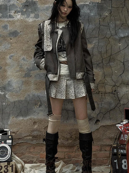 Retro Punk Detachable Vest Patchwork Leopard Jacket Coat