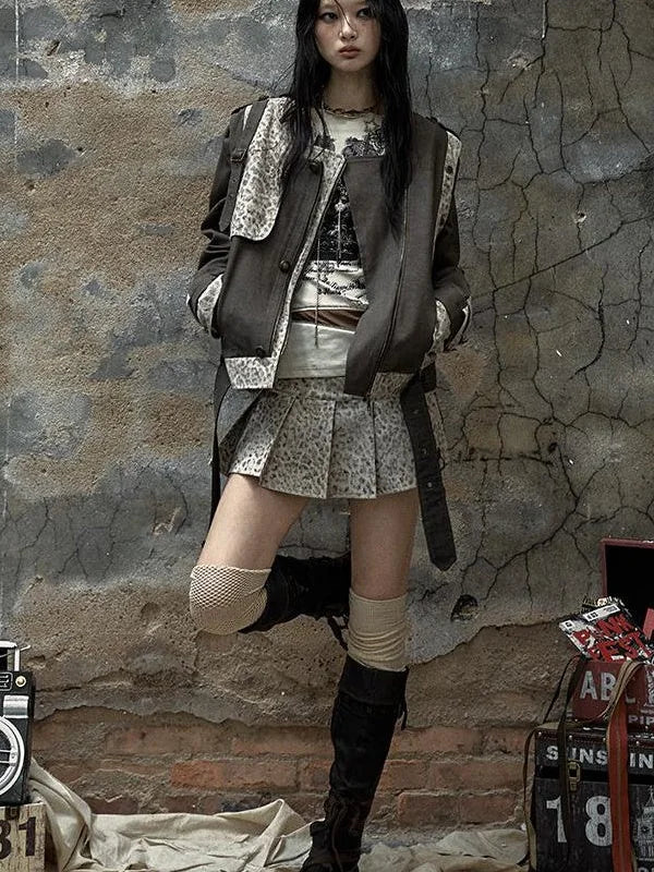 Retro Punk Detachable Vest Patchwork Leopard Jacket Coat