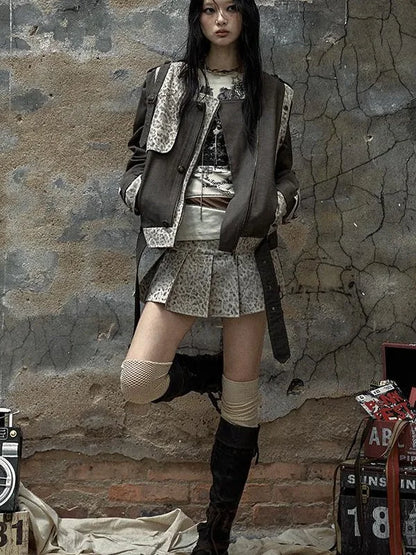 Retro Punk Detachable Vest Patchwork Leopard Jacket Coat