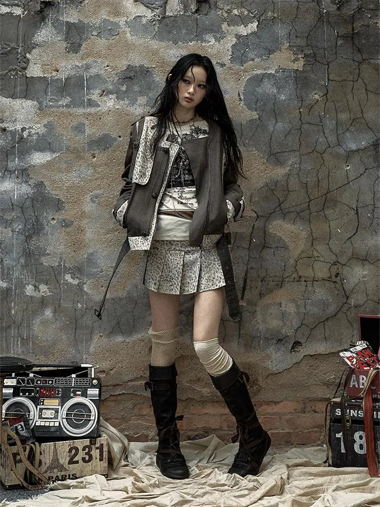 Retro Punk Detachable Vest Patchwork Leopard Jacket Coat