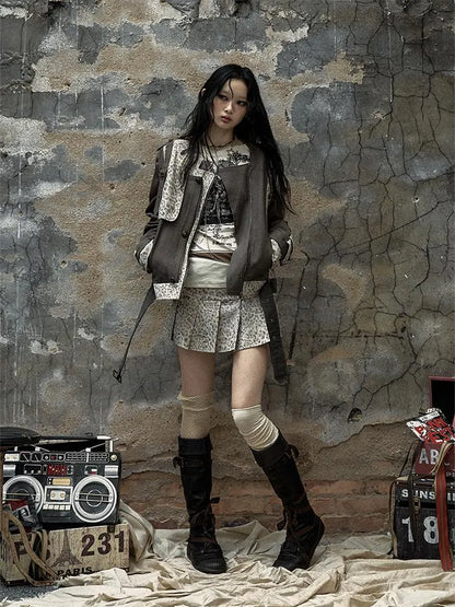 Retro Punk Detachable Vest Patchwork Leopard Jacket Coat