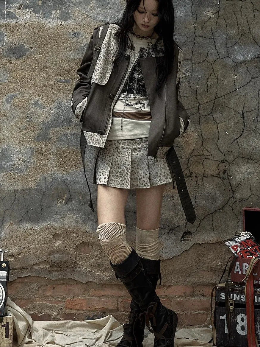 Retro Punk Detachable Vest Patchwork Leopard Jacket Coat