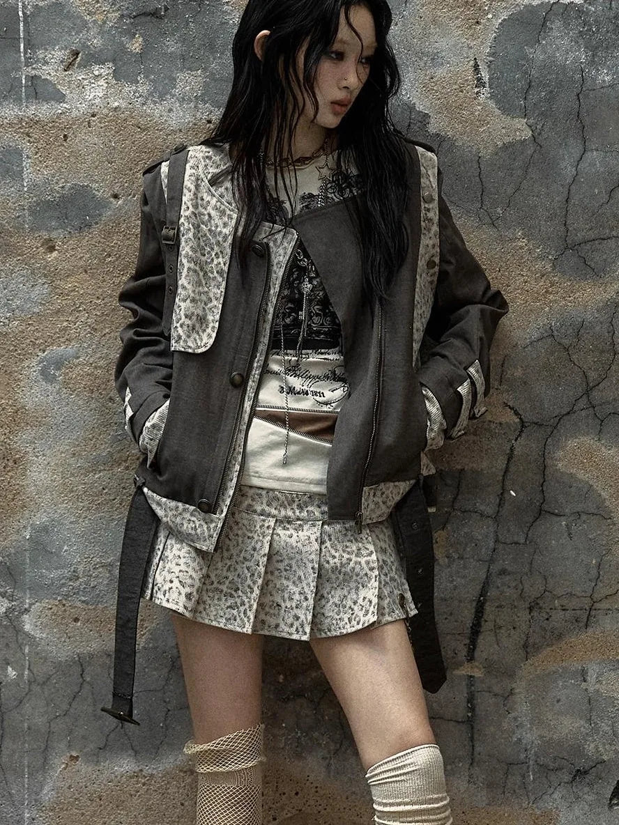 Retro Punk Detachable Vest Patchwork Leopard Jacket Coat