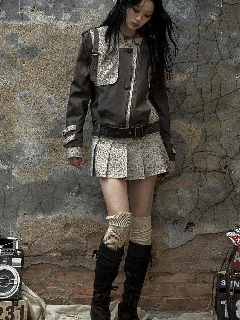 Retro Punk Detachable Vest Patchwork Leopard Jacket Coat