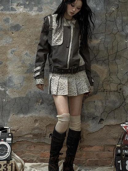 Retro Punk Detachable Vest Patchwork Leopard Jacket Coat