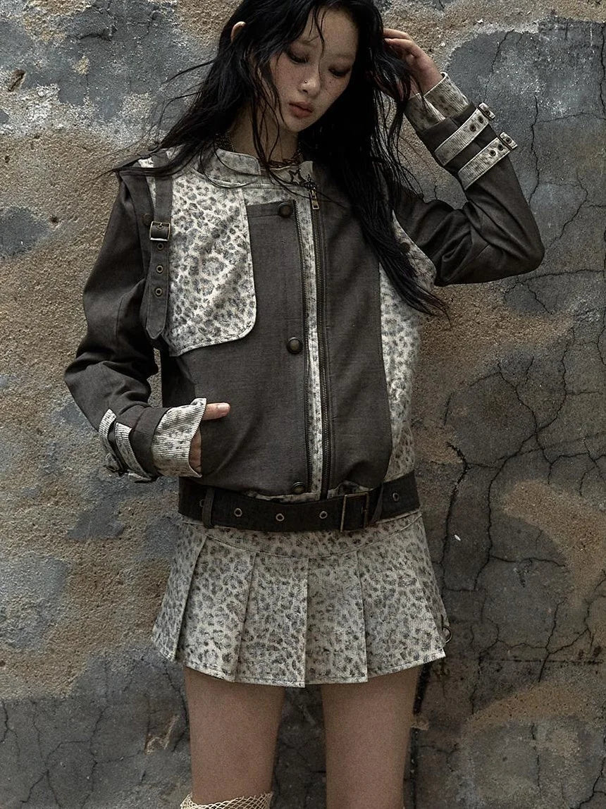 Retro Punk Detachable Vest Patchwork Leopard Jacket Coat
