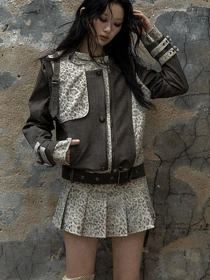 Retro Punk Detachable Vest Patchwork Leopard Jacket Coat