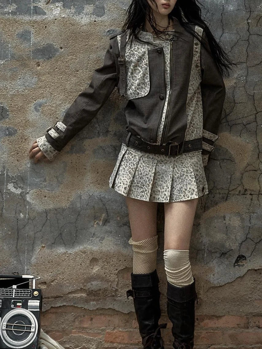 Retro Punk Detachable Vest Patchwork Leopard Jacket Coat
