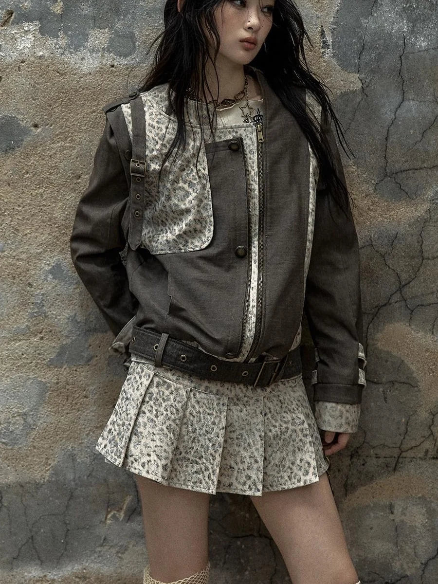 Retro Punk Detachable Vest Patchwork Leopard Jacket Coat