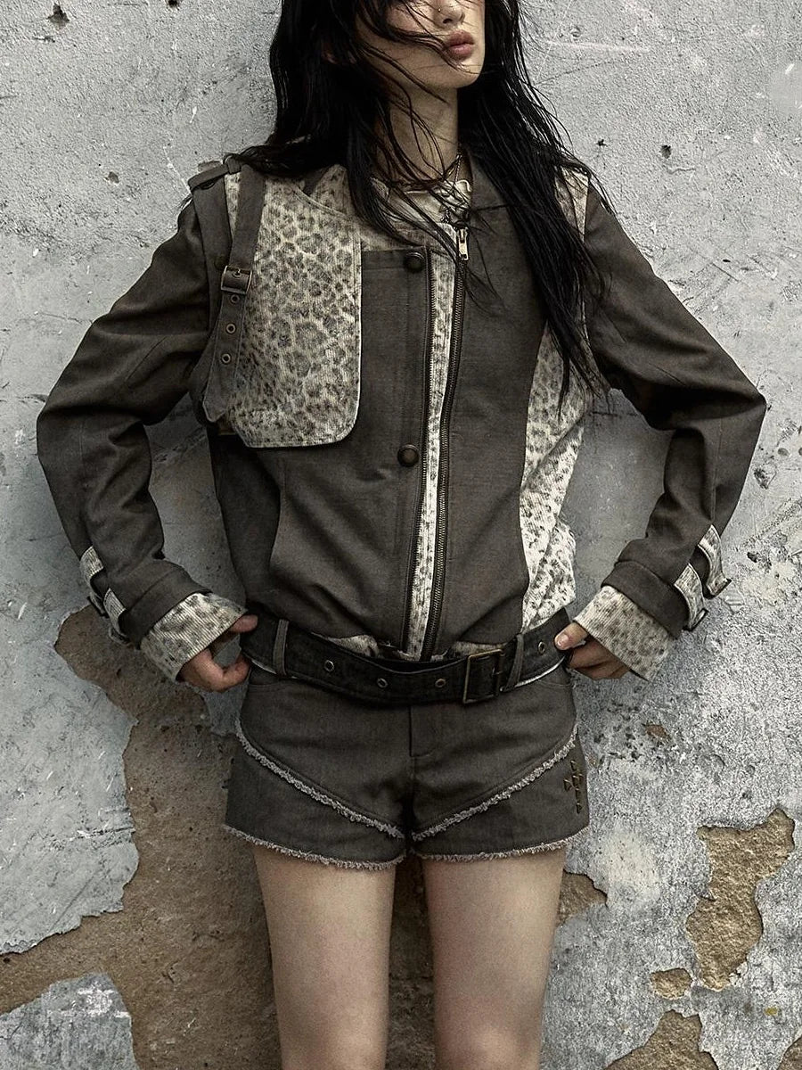 Retro Punk Detachable Vest Patchwork Leopard Jacket Coat