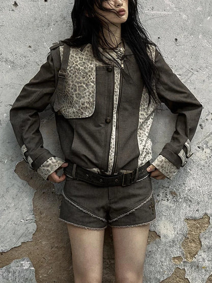 Retro Punk Detachable Vest Patchwork Leopard Jacket Coat