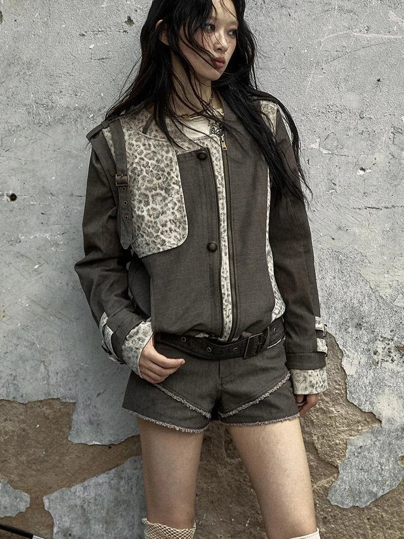 Retro Punk Detachable Vest Patchwork Leopard Jacket Coat