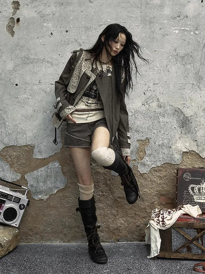 Retro Punk Detachable Vest Patchwork Leopard Jacket Coat