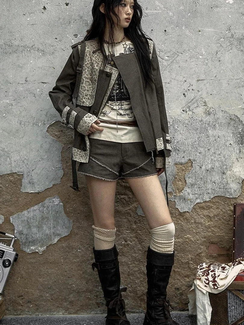 Retro Punk Detachable Vest Patchwork Leopard Jacket Coat
